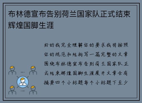 布林德宣布告别荷兰国家队正式结束辉煌国脚生涯